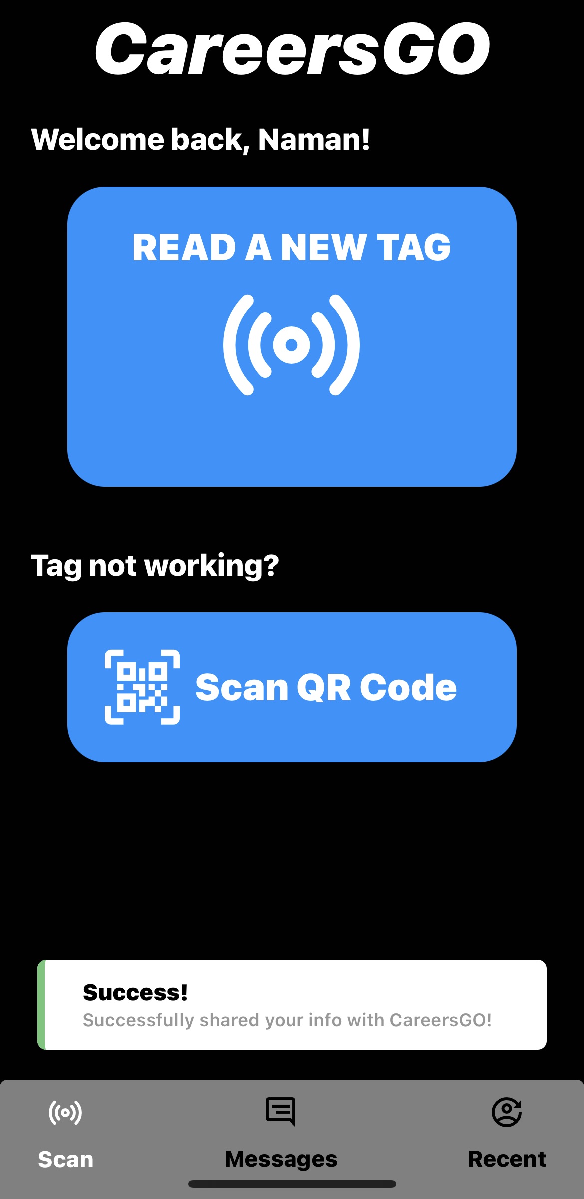 CareersGO Mobile Scan Success